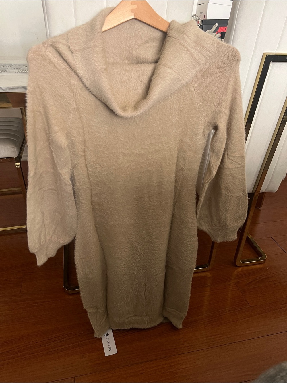 Plush Cowl-Neck Sweater Dress in Beige